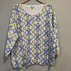 Talbots Blue and Yellow Lemon Patterned Cardigan Sweater 2X